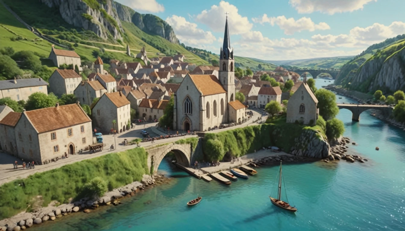 4K, very detailed, Extremely high resolution details,

Busy channel, view from above, embankment by the water. Boats tied. building, climbing a green and rocky hillside. quaint village. Church spire. Arch bridge. 1500s.

blue water. rustic. oil painting.

