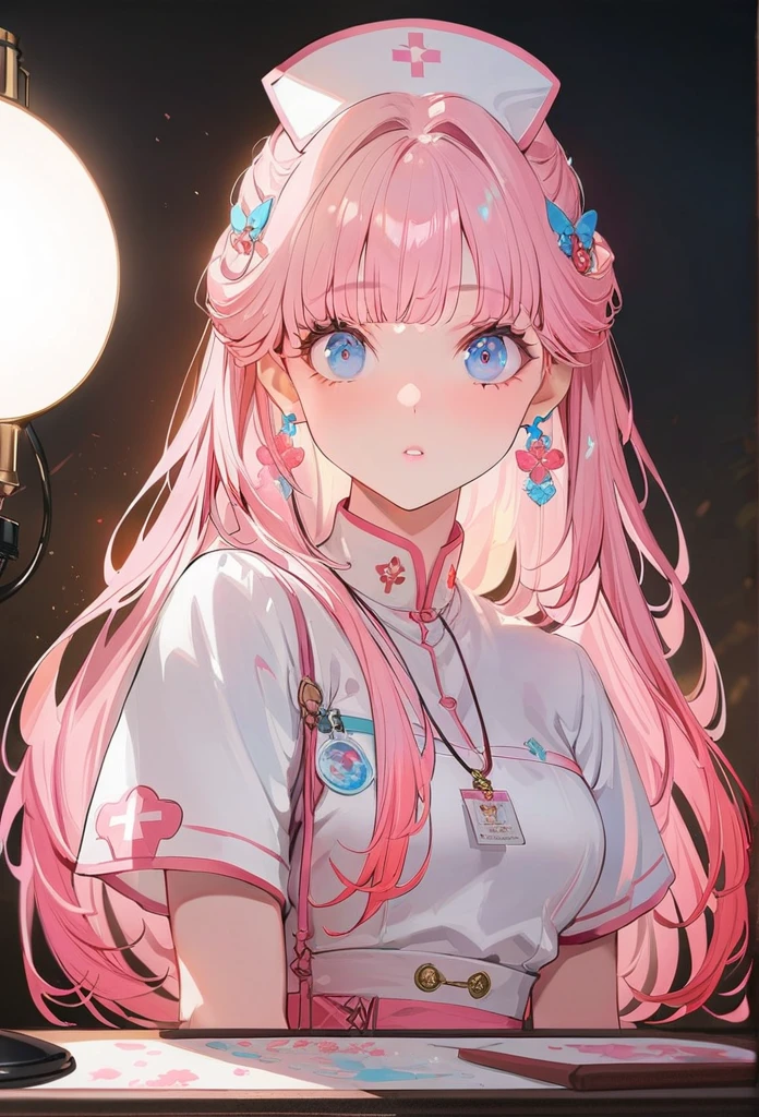 nurse,a beautiful tall nurse with flowing long red hair, close-up, (best quality,4K,8k,highres,masterpiece:1.2),ultra-detailed,HDR,uhd,studio lighting,ultra-fine painting,sharp focus,physically-based rendering,extreme detail description,professional,vivid colors,(Antique style, Girl: 1.2, Pink Hair: 1.1, blue eyes: 1.1, big eyes)