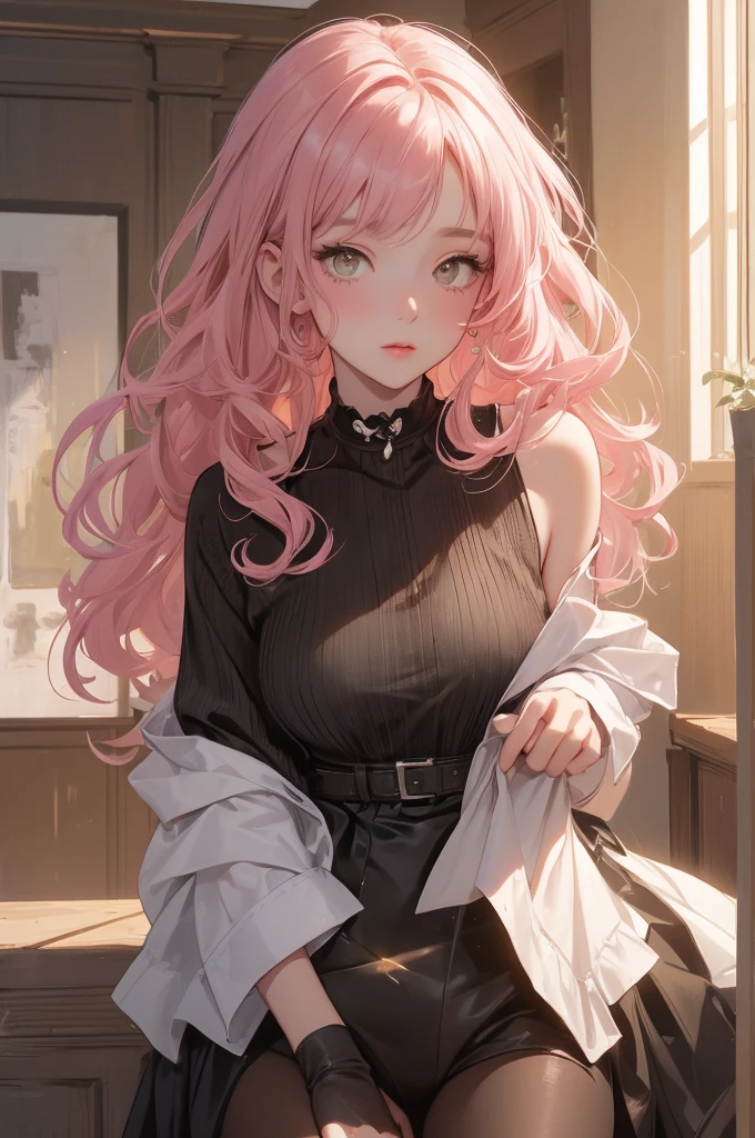 Big and beautiful pink hair, curly hair; yellow eyes, rosto angelical, gorgeous face, blushed face; rosto ultra detaild; wearing a loose pink and white blouse, wearing black leggings, wearing high brown leather boots, wearing a choker; best qualityer, ultra detaild, best resolution, 4K, soft strokes, role model, work of art, closes; dimly lit room in the background