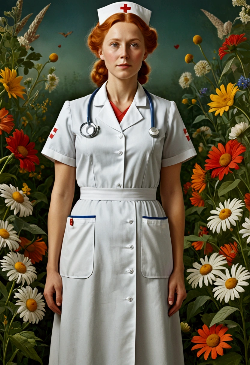 Nurse, full body, by Elsa Beskow, cinematic still, (best quality, masterpiece), very aesthetic, perfect composition, photorealistic, intricate details, ultra-detailed, vivid colors