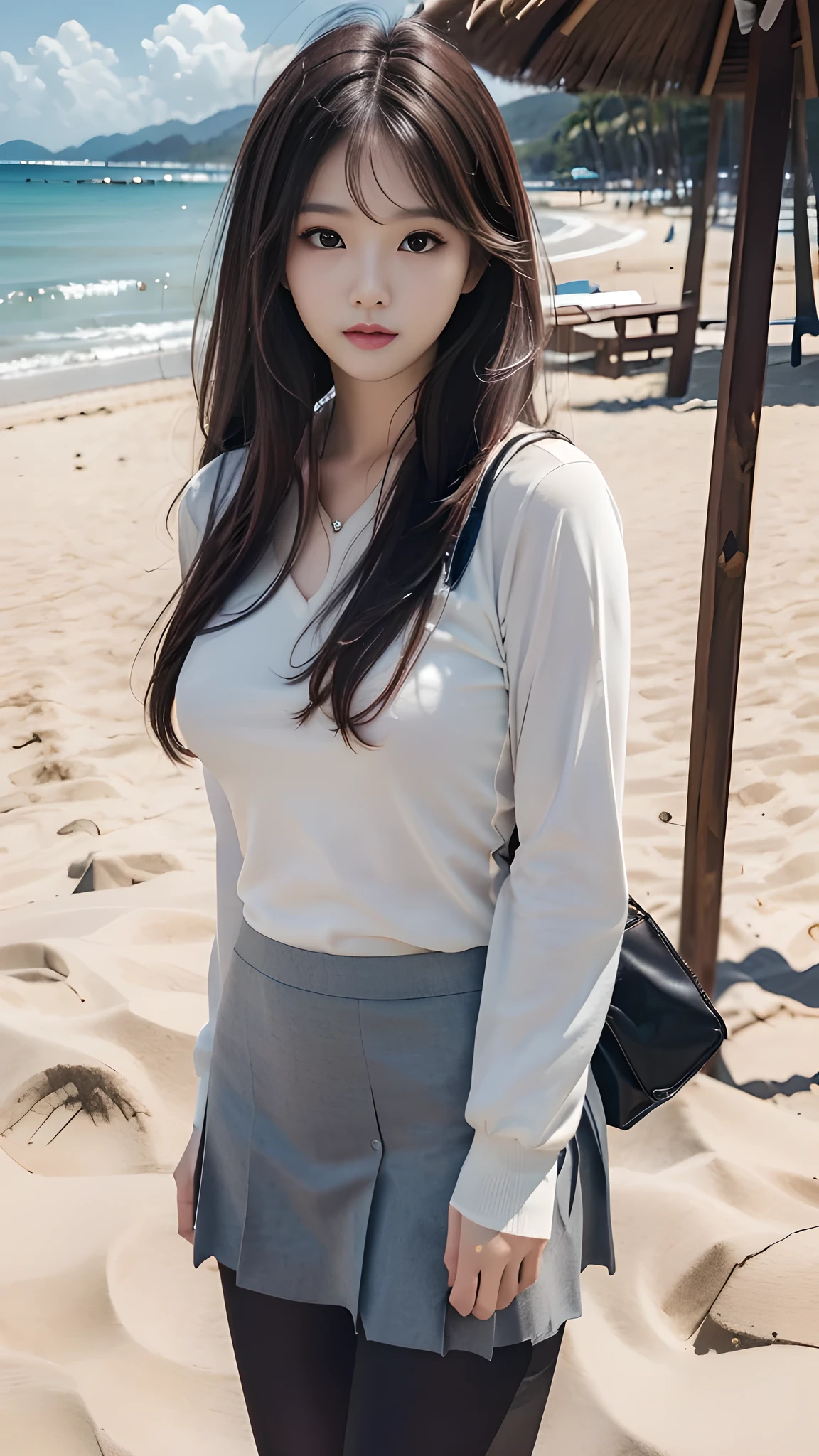 ulzzang-6500-v1.1, (RAW Photos:1.2), (Photorealistic), (Genuine:1.4), 1girl、Perfect Anatomy、20 years old、Looking at the camera、Medium Long Hair、T-shirt, skirt, (( in the beach :1.2))、(Ultra-realistic pantyhose:1.2), (Business services)、Asian Eyes Ella,