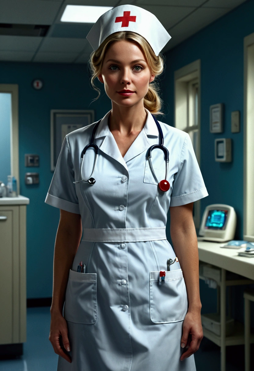 Nurse, full body, by Randolph Kedick, cinematic still, (best quality, masterpiece), very aesthetic, perfect composition, photorealistic, intricate details, ultra-detailed, vivid colors