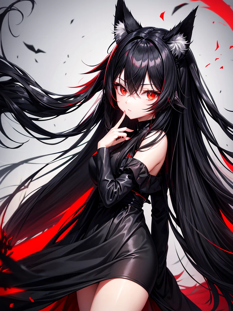 Black long hair red eyes black fox ears black fox tail wearing black and red dress