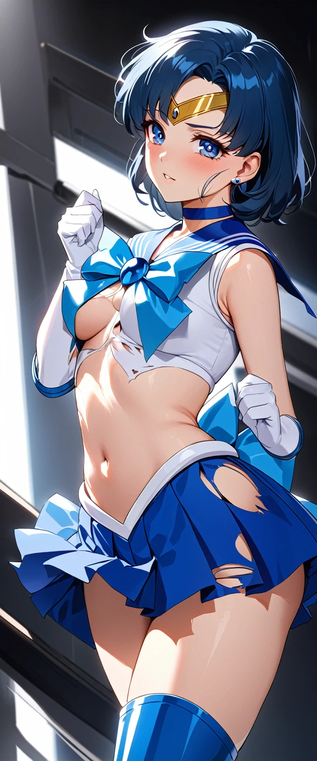 (Perfect Anatomy)、Mastepiece、Ultra High Quality、 8k、masterpiece、Highest quality、Ultra-high resolution、Maximum resolution、Very detailed、Professional Lighting、anime、woman、thin、Very beautiful face、Very beautiful eyes、(Highly detailed eye)、Highly detailed face、Sailor Mercury、tiara、Sailor Warrior Uniform、Blue Skirt、Blue sailor collar、Knee Boots、choker、White gloves、blue choker、jewelry、Earrings、Pleated skirt, gloves, (torn clothes:1.9),