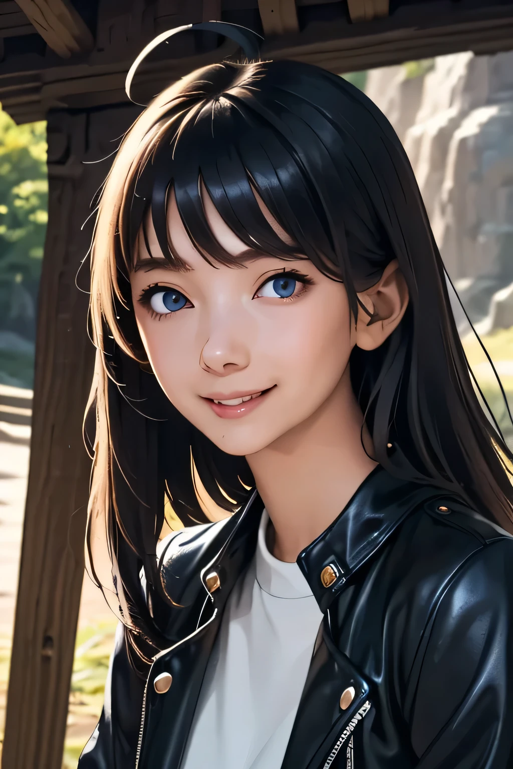 Highest quality　High resolution　Simple　Remainsの様なDungeons　RemainsDungeons　Long bangs　Adult female　Adventurer Girl　Loose expression　cute　smile　Leather jacket　Beautiful Eyes　One Woman　Long side hair　Very black hair　Shiny long hair　Straight hair　Ahoge　Wide sleeves　Long hem　cute目　Remains　Dungeons　Underground maze