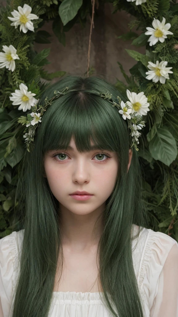 a girl. Europe. Extremely detailed face. Oval face. delicate facial features. half-closed eyes. long straight hair. messy hair. bangs. green hair. green eyes. wreath on head. Sad. shy. straight face