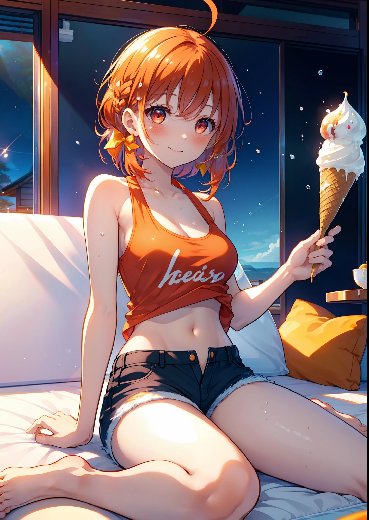 Takahai Chige,Orange Hair,Red eyes,smile,blush,Open your mouth,Long Hair,Ahoge,Orange tank top,Shorts,barefoot,Holding and eating ice cream with both hands,Sitting on the sofa,　　　　　　　　　　　　　　　break indoors, room, 　　　　　　　　　　　　　break looking at viewer, whole body, (Cowboy Shot:1. 5)　　　　　　　　　　　　　　　　　　break (masterpiece:1.2), Highest quality, High resolution, unity 8k wallpaper, (shape:0.8), (Beautiful attention to detail:1.6), Highly detailed face, Perfect lighting, Extremely detailed CG, (Perfect hands, Perfect Anatomy),