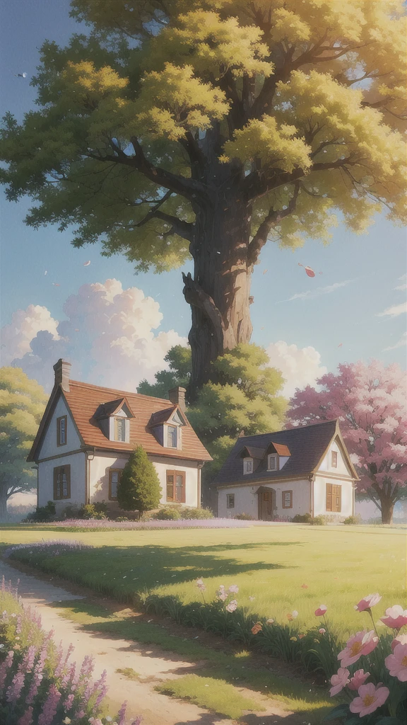 painting of a house in a field with a tree and flowers, cyril rolando and goro fujita, anime art wallpaper 8k, anime art wallpaper 8k, anime landscape wallpaper,