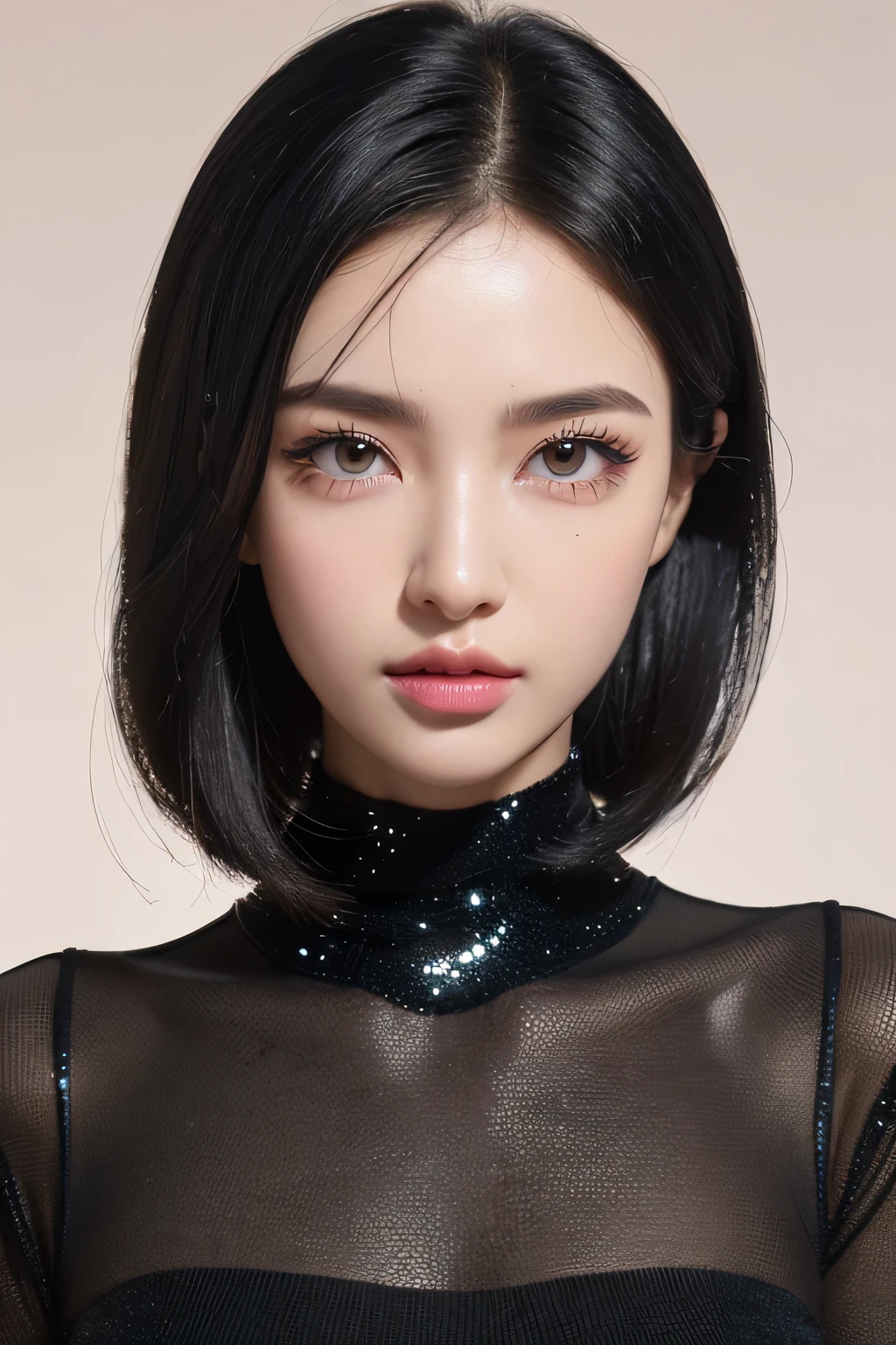 Slender Asian girl, kpop idol, ((black latex underwear)), ((top quality, 8k, masterpiece: 1.3)), crisp focus: 1.2, beautiful woman with perfect figure: 1.4, highly detailed face and skin texture, detailed eyes, BDSM, slave, rubberdress, skinny, beautiful face, symmetrical face