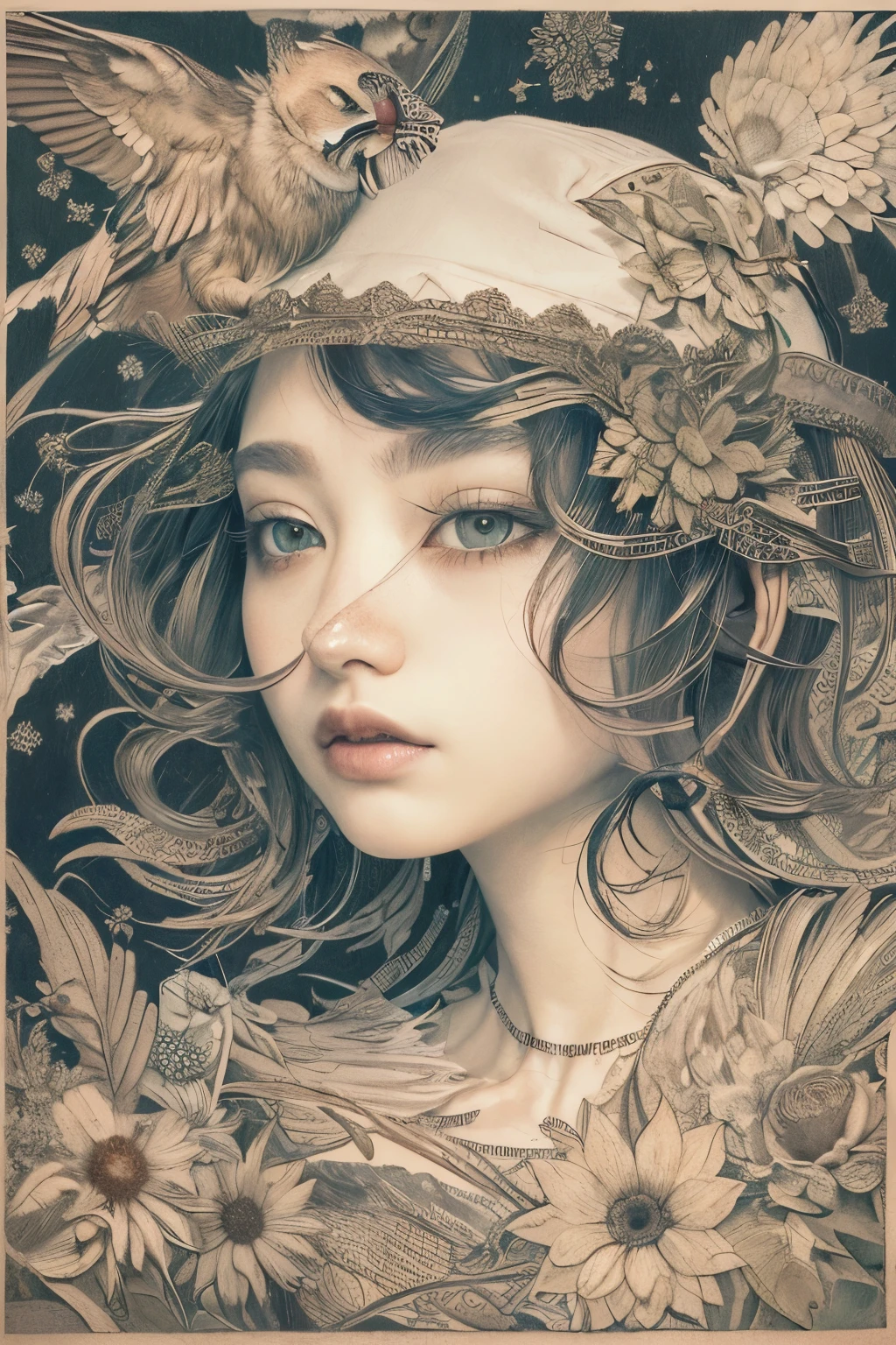 ((((masterpiece))), tattoo、Highest quality, An illustration, Beautiful details shine,
paper_cut, The details of a fragile girl's face captured on camera, wood, moon, butterfly,Wind、star、spider、Ladybug、centipede