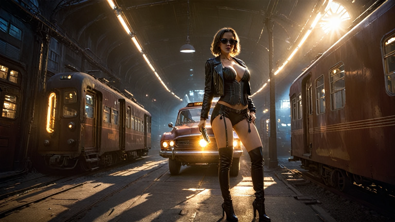 (((aerial view))), Blade Runner style year 1920s dark night street, neon lights, old cars, train. (((1girl, solo, alone))), large-breast:1.2 slim:0.8 body, cleavage:1.1, sexy lingerie with jacket, (black sunglasses), (((she raised a pistol:1.8 and shot:1.8 the viewer))), dynamic pose, (((half-body thigh level medium shot))), cinematic lighting, lens flare, ray tracing, fisheye lens.