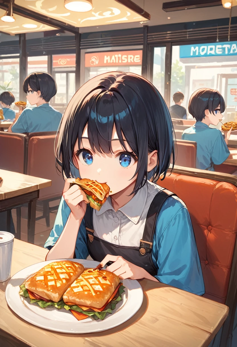 score_9, score_8_up, score_7_up,source_anime, high res image,masterpiece,best quality,girl,cute face,clear skin,black hair,short hair,blue eyes,eating,restaurant,