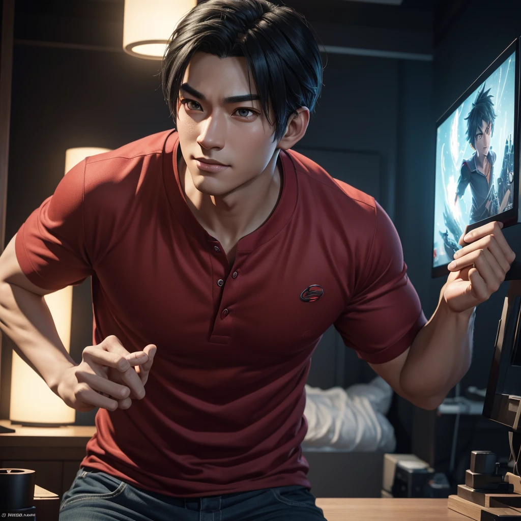 Tadashi big hero 6 character, beautiful detailed eyes, beautiful detailed lips, extremely detailed face, longeyelashes, wearing a red shirt, in a colorful anime-style environment, 1boy, concept art, (best quality,4k,8k,highres,masterpiece:1.2),ultra-detailed,(realistic,photorealistic,photo-realistic:1.37),intricate details, vibrant colors, dynamic lighting, 3d render, studio lighting