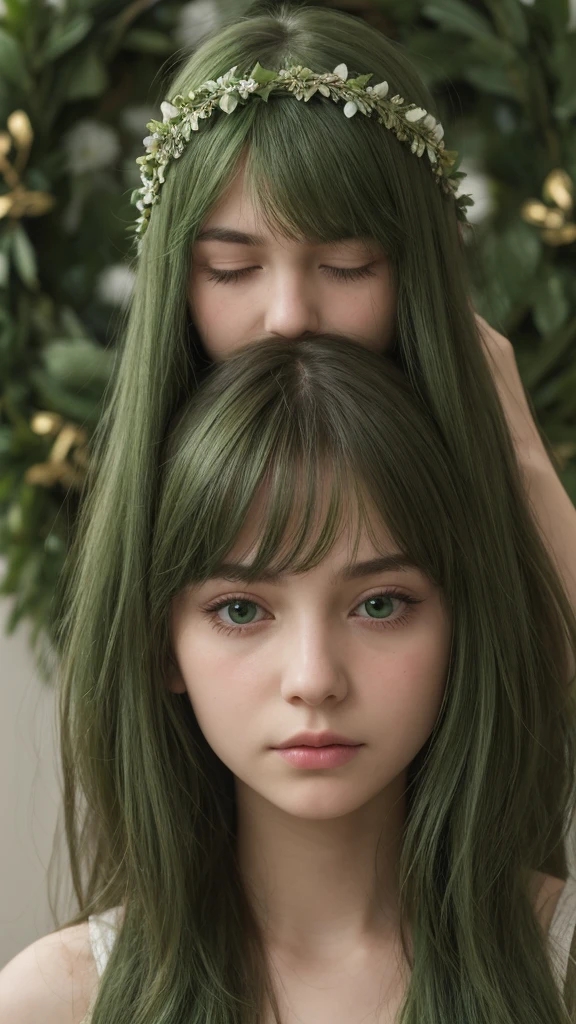 a girl. Europe. Extremely detailed face. Oval face. delicate facial features. half-closed eyes. long straight hair. messy hair. bangs. green hair. green eyes. wreath on head. Sad. shy. straight face