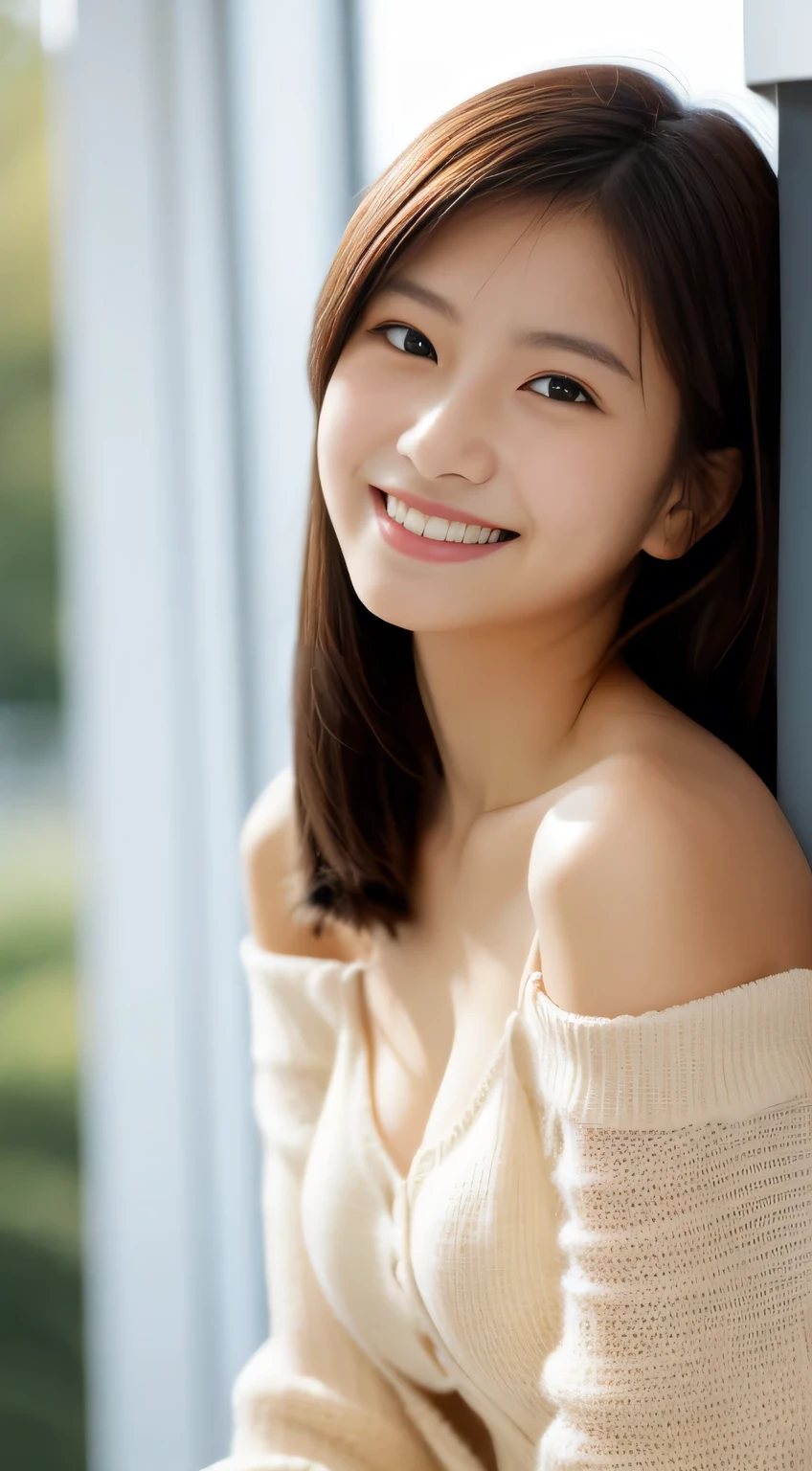 masterpiece,best quality,(Japanese girl),((Beautiful girl)),cleavage,(off shoulder:1.2),(perfect body beauty:1.2),(shy smile),beautiful teeth,From slightly above