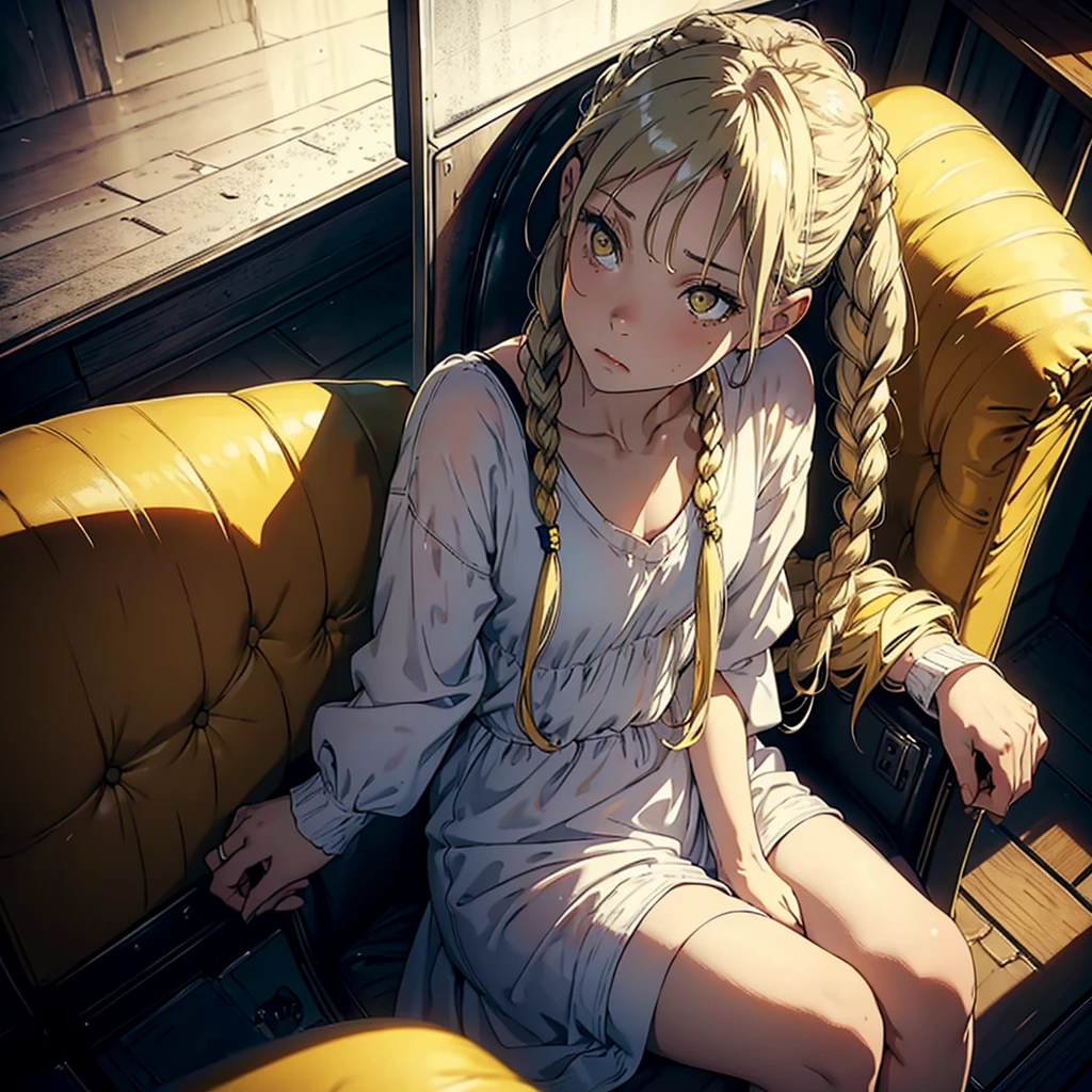A woman, 20 years, by the wide, by white, honey yellow eyes, small braids in her hair, chest a little big, beautiful body, fearful eyes, shy facial and body expressions, sloppy clothes, full body, sitting in an armchair, view from above, face landing, (((distrust))), fear