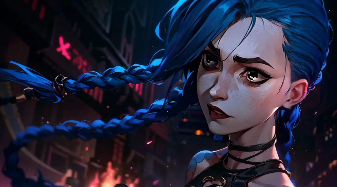 (masterpiece, Best quality), 1 girl, portrait very detailed face, very sexy, bare chest, Volume , full length (full body 1.1.), crazy look, smile, pink tears, (tears on the cheeks, tears from eyes,) очень feminine, fighting stance, battle, neon lettering, explosions, darkness, fog, beautiful waist, gloomy composition, flame, fire, Flash, very beautiful, feminine, long hair, hair braided in long braids, very sexy, tight leather pants, emphasis on the eyes, emphasis on the face, Beautiful face, hands, Косаed ponytail, red purple eyes, Jinx is crying, Blue cloud tattoo, (masterpiece, Best quality), Side lighting, beautiful detailed eyes, crazy face), (Best quality), (masterpiece), magic photography, Spectacular lighting, photorealism, ultra detailed, intimate portrait composition, 1. 4,8 K UHD, aesthetic, CD., a high resolution, 8 K, Better lighting, Best shade, Ultra-HD, a high resolution, Sharp Focus, complex background, cinematic lighting, ((Landscape view)), 4K block, (Better lighting), ((cinematic lighting)),