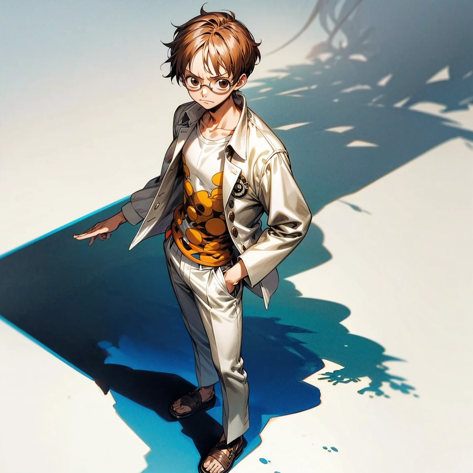 Grassroot, full body version, solo, kid boy, glasses , brown colour hair, short haircut, white suit clothing, (one piece style art), standing gesture, shadow, white background 