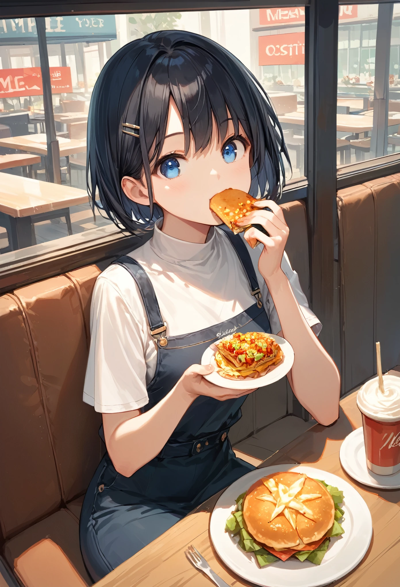 score_9, score_8_up, score_7_up,source_anime, high res image,masterpiece,best quality,girl,cute face,clear skin,black hair,short hair,blue eyes,eating,restaurant,