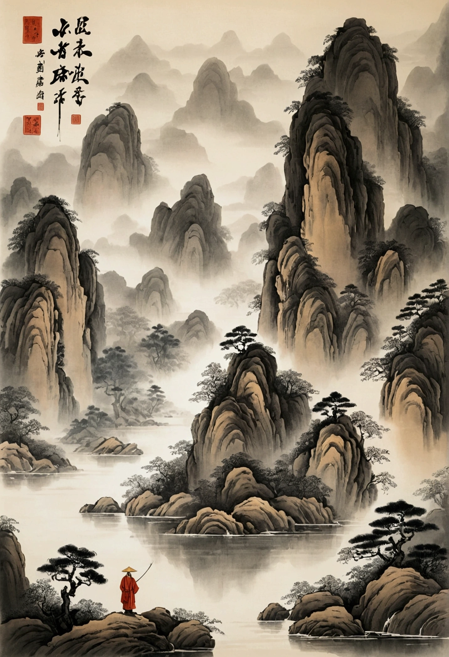 Chinese landscape painting,ภาพวาดinkและสีน้ำ,Larger ancient figure,academic,Lao Tzu,follower,ink,Distant view,Ultra-wide viewing angle,meticulous,Low saturation in distant view,low contrast,Beautifully described,Acura,Teacher's work,Masterpiece