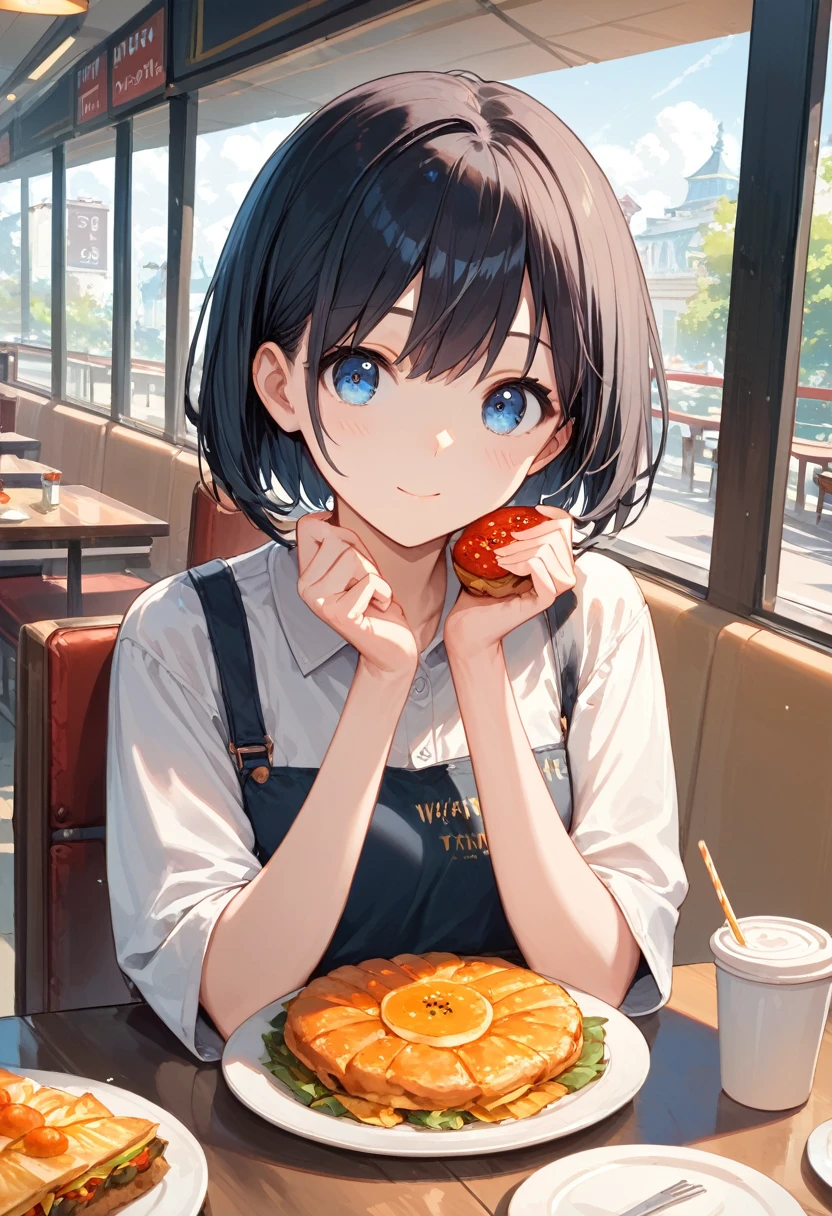 score_9, score_8_up, score_7_up,source_anime, high res image,masterpiece,best quality,girl,cute face,clear skin,black hair,short hair,blue eyes,restaurant,food,
