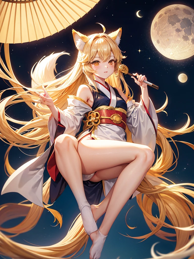 Lunar event in japan, Blonde long hair golden eyes blonde fox ears blonde fox tail wearing white and golden kemono with white and golden folding fan