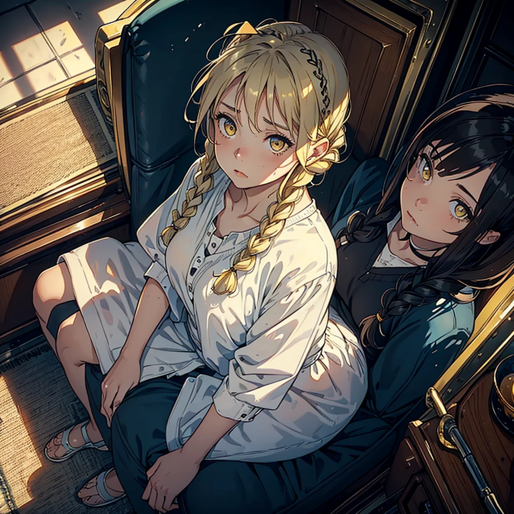 A woman, 20 years, by the wide, by white, honey yellow eyes, small braids in her hair, chest a little big, beautiful body, fearful eyes, shy facial and body expressions, sloppy clothes, full body, sitting in an armchair, view from above, face landing, (((distrust))), fear 