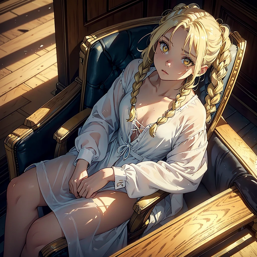 A woman, 20 years, by the wide, by white, honey yellow eyes, small braids in her hair, chest a little big, beautiful body, fearful eyes, shy facial and body expressions, sloppy clothes, full body, sitting in an armchair, view from above, face landing, (((distrust))), fear