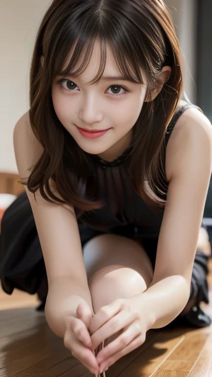 ((Black Dress、Highest quality、masterpiece、High resolution))、(((Close-up photo of a girl walking on all fours)))、(A shy smile:1.2)、20-year-old woman、Beautiful Skin、Beautiful Eyes、Large Breasts、Split、Wavy Hair, Stick your butt out,