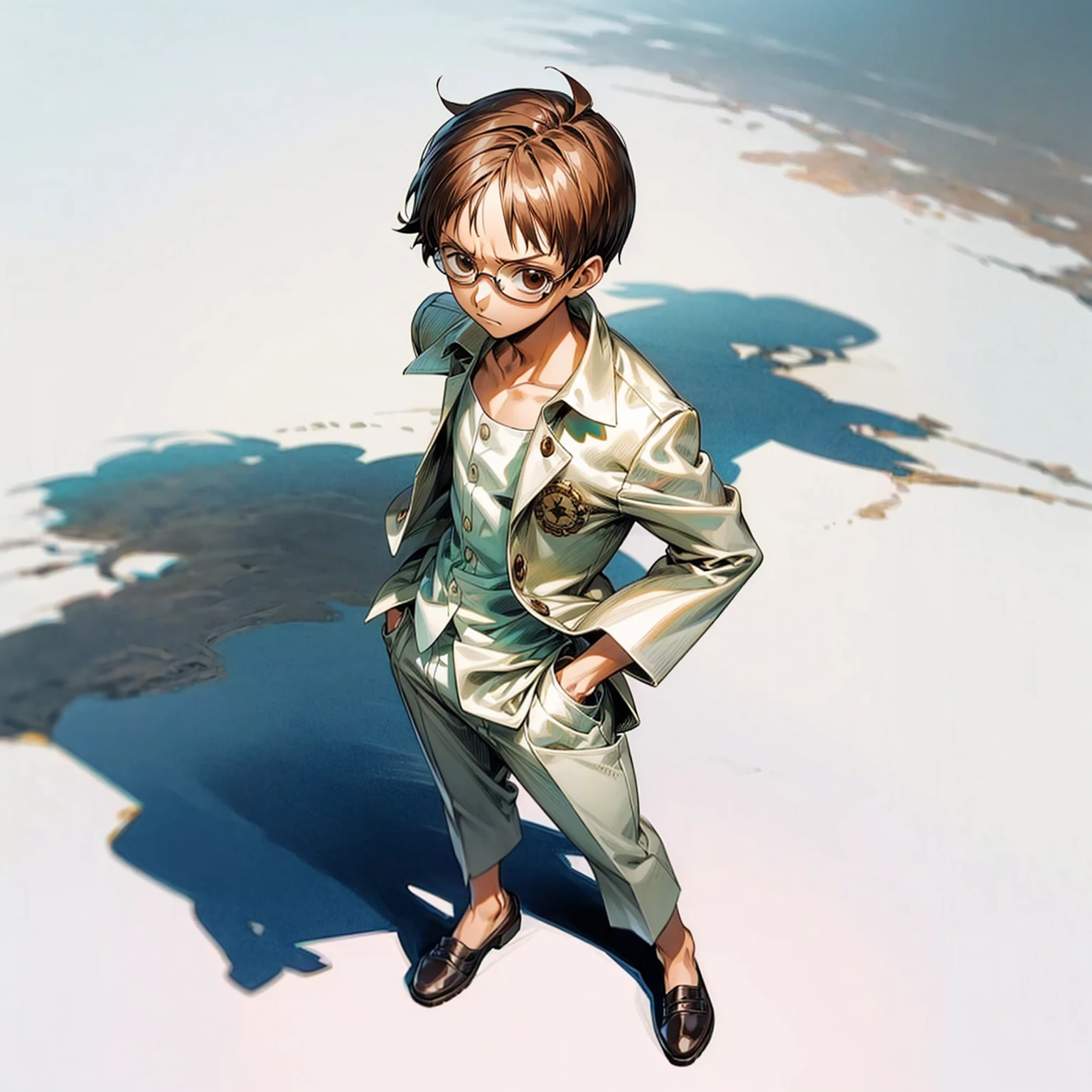 Grassroot, full body version, solo, kid boy, glasses , brown colour hair, short haircut, white suit clothing, (one piece style art), standing gesture, shadow, white background 