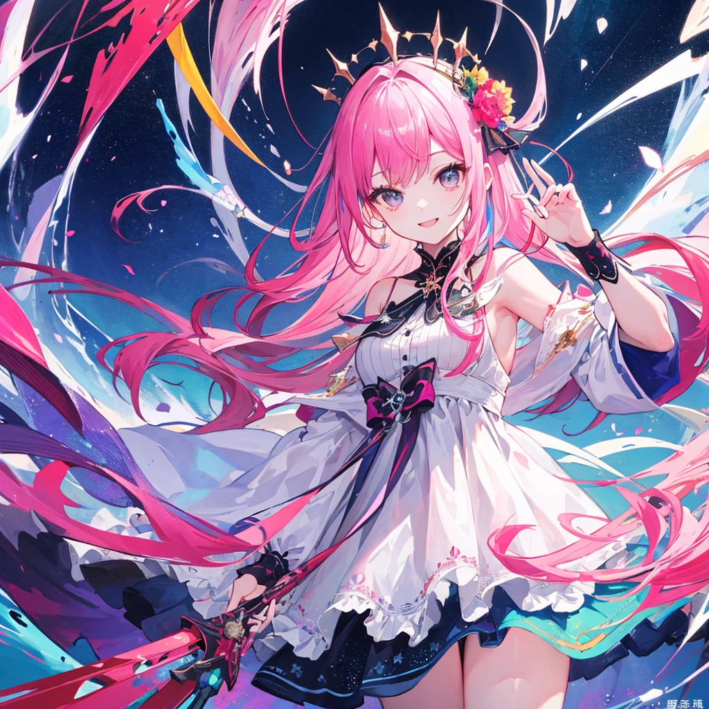 (T Masterpiece、Extremely high quality、high resolution、Best Quality)、girl、Solo、Pink Hair、Girl、Wizard、West Shot、Colorful background、A colorful world、fine、smile