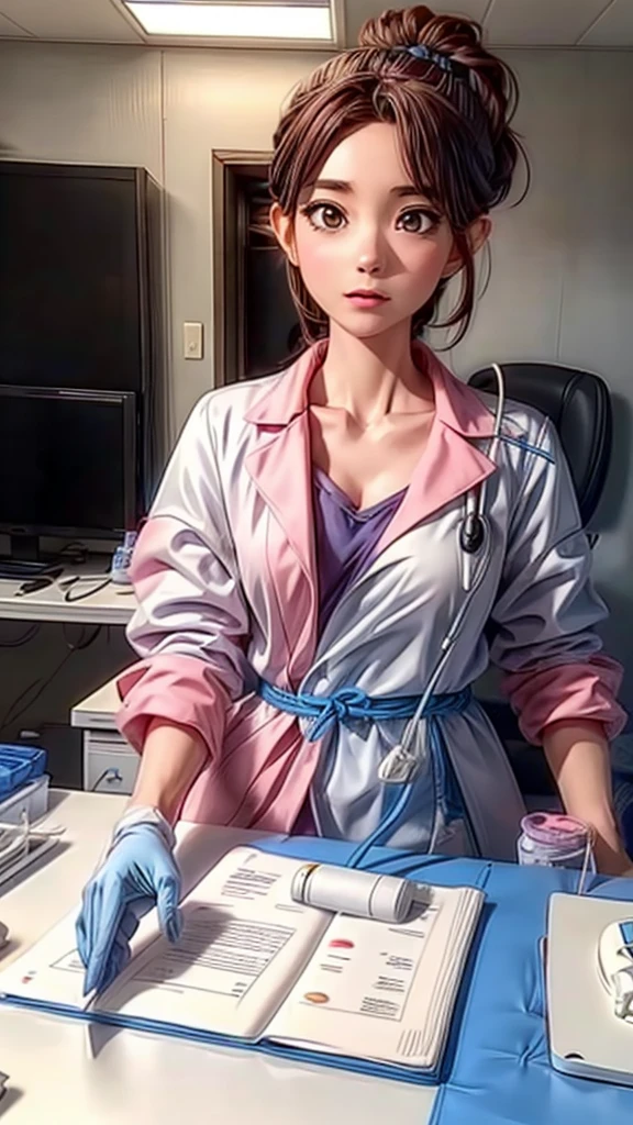 a nurse in a surgical room passing instruments to doctors, surgical gown, cap, gloves, mask, detailed medical equipment, sterile environment, clean and bright lighting, high-tech hospital, precise movements, medical staff working together, complex surgery, (best quality,4k,8k,highres,masterpiece:1.2),ultra-detailed,(realistic,photorealistic,photo-realistic:1.37),medical illustration,medical documentary,clinical precision