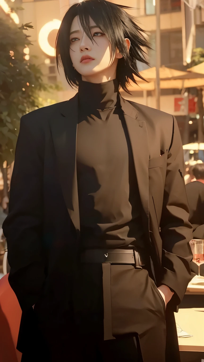Uciha sasuke, naruto shippuden, black hair, red eyes, black shirt, detailed face:1.2, detailed eyes:1.2, ultra-realistic, ultra-detailed, bestquality, masterpiece.