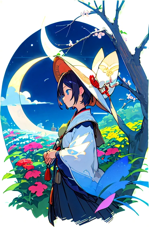 Highest quality、expensive_solve、clear_image、Detailed Background、With a girl、blue eyes、Short Hair、Meiji、moon、garden、Wind 、dream