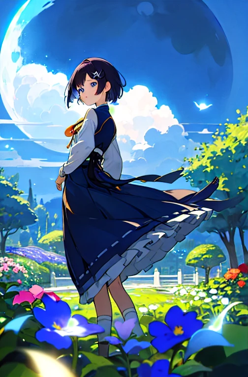Highest quality、expensive_solve、clear_image、Detailed Background、With a girl、blue eyes、Short Hair、Meiji、moon、garden、Wind 、dream