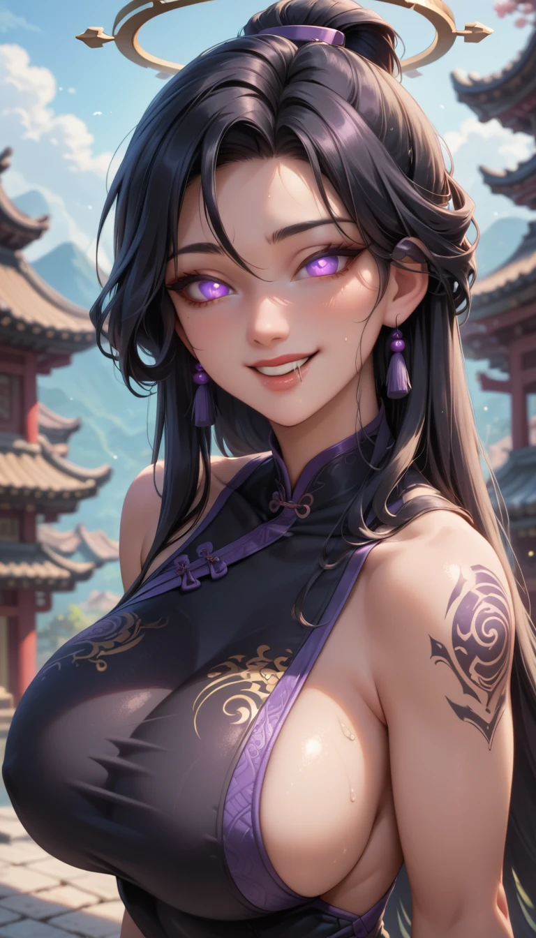 mulan,1 girl,black hair,huge breasts,look at viewer,heavy breathing,saliva,detailed,hiquality,top quality,smile,purple eyes,glowing eyes,glowing tattoos,halo,sideboob leotard,highleg leotard,open center