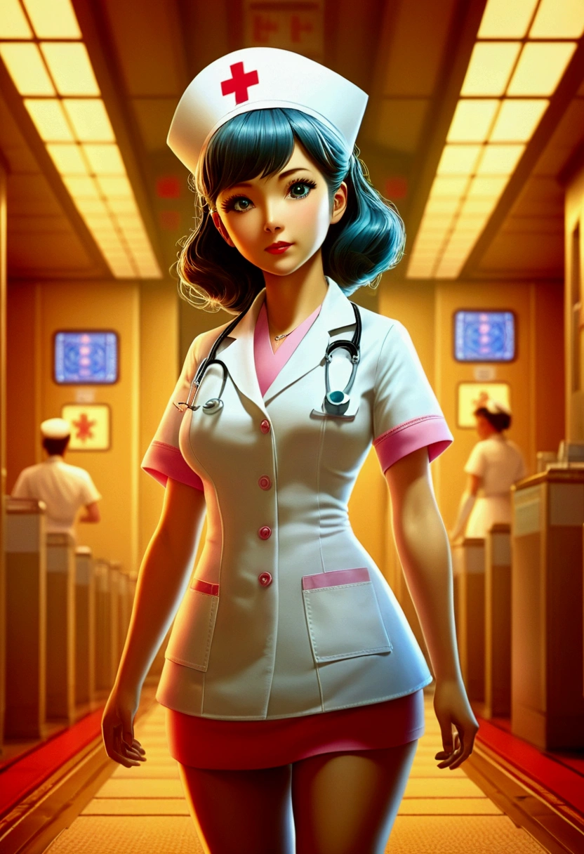 Nurse, full body, by Yoshiyuki Tomino, cinematic still, (best quality, masterpiece), very aesthetic, perfect composition, photorealistic, intricate details, ultra-detailed, vivid colors