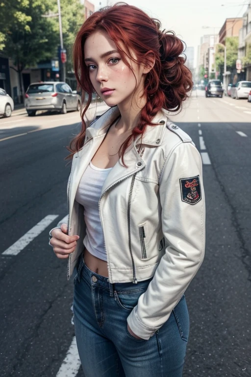 imagine/medium height woman, medium complexion, athletic and fit with red hair, long and slightly wavy updo with a braid out of her face, have light colored eyes. Defined and attractive features with a strong jaw and marked cheekbones. clear skin, with scattered freckles that stand out on his face and arms.
Practical and functional clothing style, black leather jacket, denim pants and tactical leather boots.