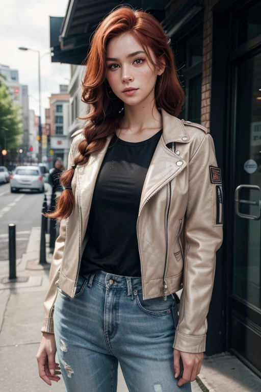 imagine/medium height woman, medium complexion, athletic and fit with red hair, long and slightly wavy updo with a braid out of her face, have light colored eyes. Defined and attractive features with a strong jaw and marked cheekbones. clear skin, with scattered freckles that stand out on his face and arms.
Practical and functional clothing style, black leather jacket, denim pants and tactical leather boots.