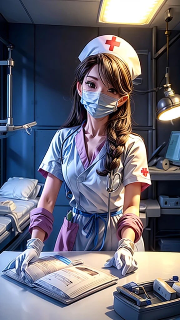 a nurse in a surgical room passing instruments to doctors, surgical gown, cap, gloves, mask, detailed medical equipment, sterile environment, clean and bright lighting, high-tech hospital, precise movements, medical staff working together, complex surgery, (best quality,4k,8k,highres,masterpiece:1.2),ultra-detailed,(realistic,photorealistic,photo-realistic:1.37),medical illustration,medical documentary,clinical precision