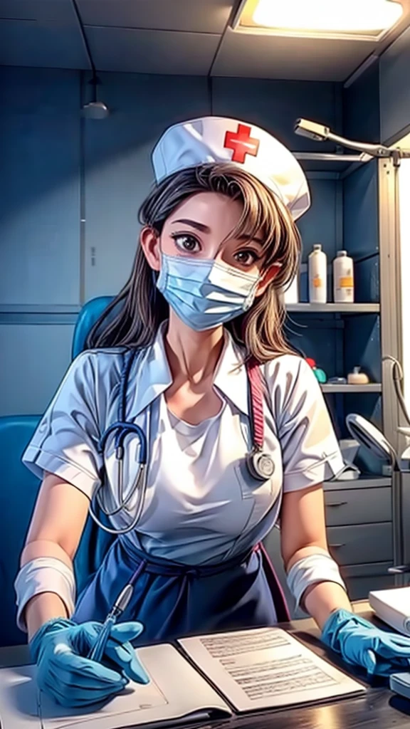 A nurse using an AED, medical emergency, hospital, life-saving equipment, serious expression, focused, first aid, heroic, detailed uniform, medical tools, bright lighting, realistic, photorealistic, ultra-detailed, 8k, best quality, masterpiece