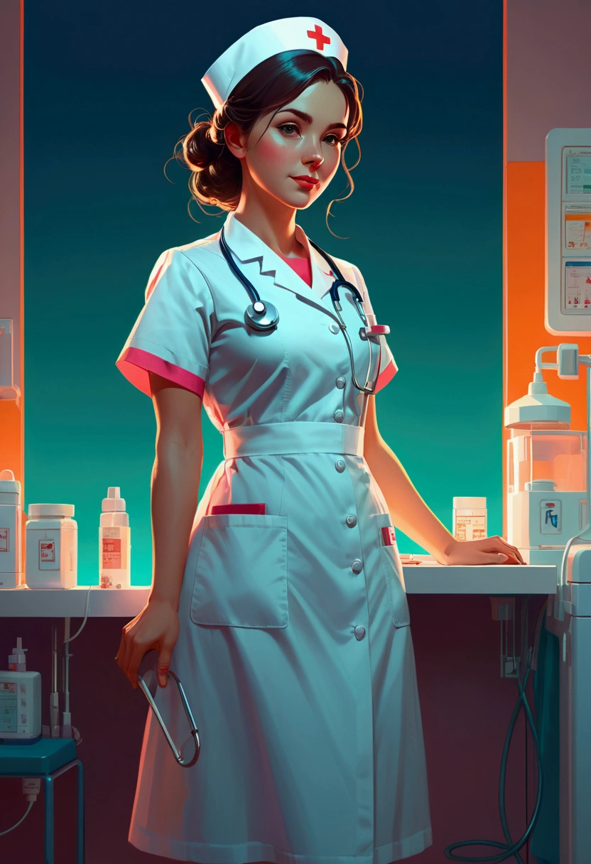 Nurse, full body, by Atey Ghailan, cinematic still, (best quality, masterpiece), very aesthetic, perfect composition, photorealistic, intricate details, ultra-detailed, vivid colors