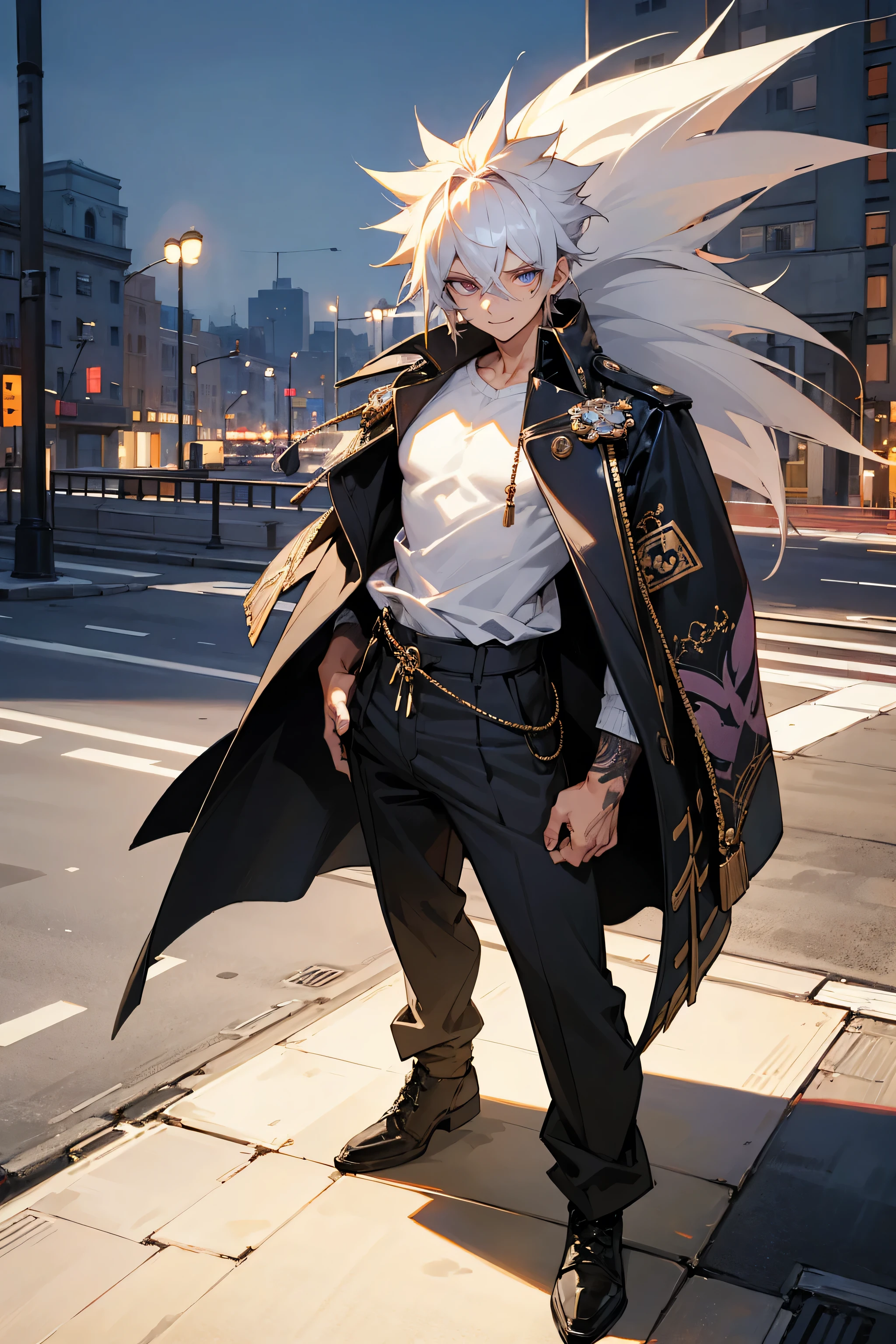 Masterpiece Quality, Perfect Generation, Sclera, Detailed Eyes, Skin, Hair, Muscular, Street Clothing, Happy Expression, , City Background, Full Body, Skin, , , , facing viewer, Standing Outside, Clothed, , Eyes, hair, male, spiky hair, hair, , oversized clothing