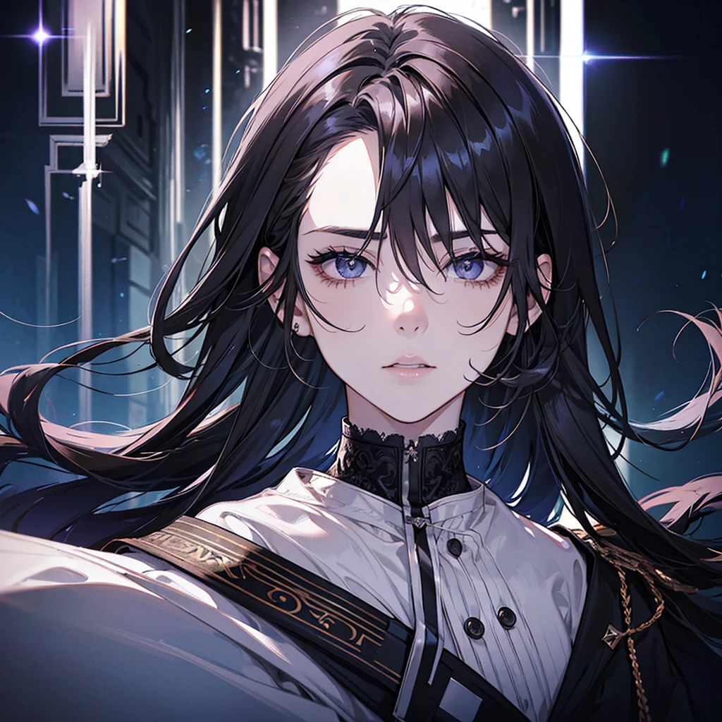 1 boy, beautiful detailed eyes, beautiful detailed lips, extremely detailed eyes and face, long eyelashes, dark hair, long flowing hair, messy texture, visible forehead, soft side-swept bangs, thin but defined eyebrows, sharp intense eyes, black pupils, straight well-proportioned nose, sculpted cheeks, strong square jawline, moderate-sized lips, pensive expression, average-sized ears, symmetrical placement, detailed portrait, photorealistic, cinematic lighting, high resolution, concept art style