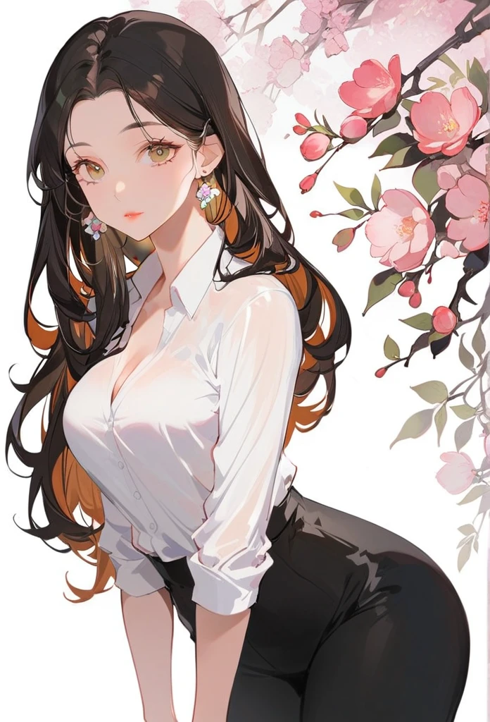 This beautiful teacher is wearing a simple and elegant white shirt，With black slim trousers, Showing off her tall figure and graceful curves. Her long hair, Slightly curled, Exudes a light fragrance. Her facial features are delicate, Her eyes are bright and lively, Her eyebrows are long and natural., Her lips are rosy and sexy, Her face is round and smooth.
