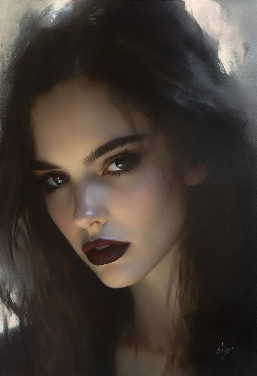 colored ink painting style of Casey Baugh, an award-winning painting, an impressive of the face of a skinny Gothic woman that captivates the viewer. Her pale, porcelain-like skin appears almost supernatural, while her dark eyes exude depth and penetration. The fine details of her face are accentuated by the interplay of light and shadow, highlighting her distinctive features. The dark lips lend a mysterious sensuality to her expression. This close-up captures the intensity and captivating allure of Gothic aesthetics in a single moment close-up, complete face, skinny, Gothic, woman style of Casey Baugh, an award-winning colored, ultra HD, 8 k, cleavage, sexy, breast, crying, thigh, short skirt, sexy
