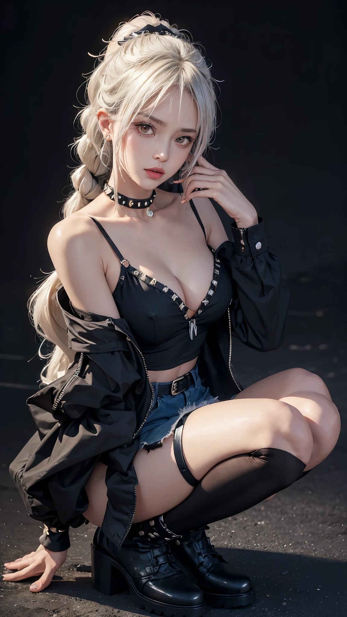 source_anime, Expressiveh,
masterpiece, highres, ultra detailed, best quality, extremely detailed face, perfect lighting, 1girl, solo,
beautiful skin, shiny hair, shiny eyes, platinum hair, makeup, orange eyes, stick out tongue, purple eyeshadow,
petit body, tube top, torn tube top, thighhighs, spikes, torn clothes, shorts, breasts, punk, black bracelet, studded bracelet, hair ornament, skull ornament, piercing, jewelry, hotpants, denim, bare shoulders, puffy nipples, covered nipples, navel, looking at viewer, earrings, hoop earrings, striped thighhighs, braid twintail, hair ribbon, black ribbon, navel, crop top, denim shorts, midriff, black jacket, spiked collar, black footwear, black belt, chain, choker, ear piercing, medium breasts, collarbone, sitting, squatting, thighs, ank top, collar, full body, detached sleeves, spiked choker, black choker, cross, cleavage, zettai ryouiki, lollipop, holding lollipop, outdoors, graffiti, from above, head tilt, face close-up, one hand on near chin,