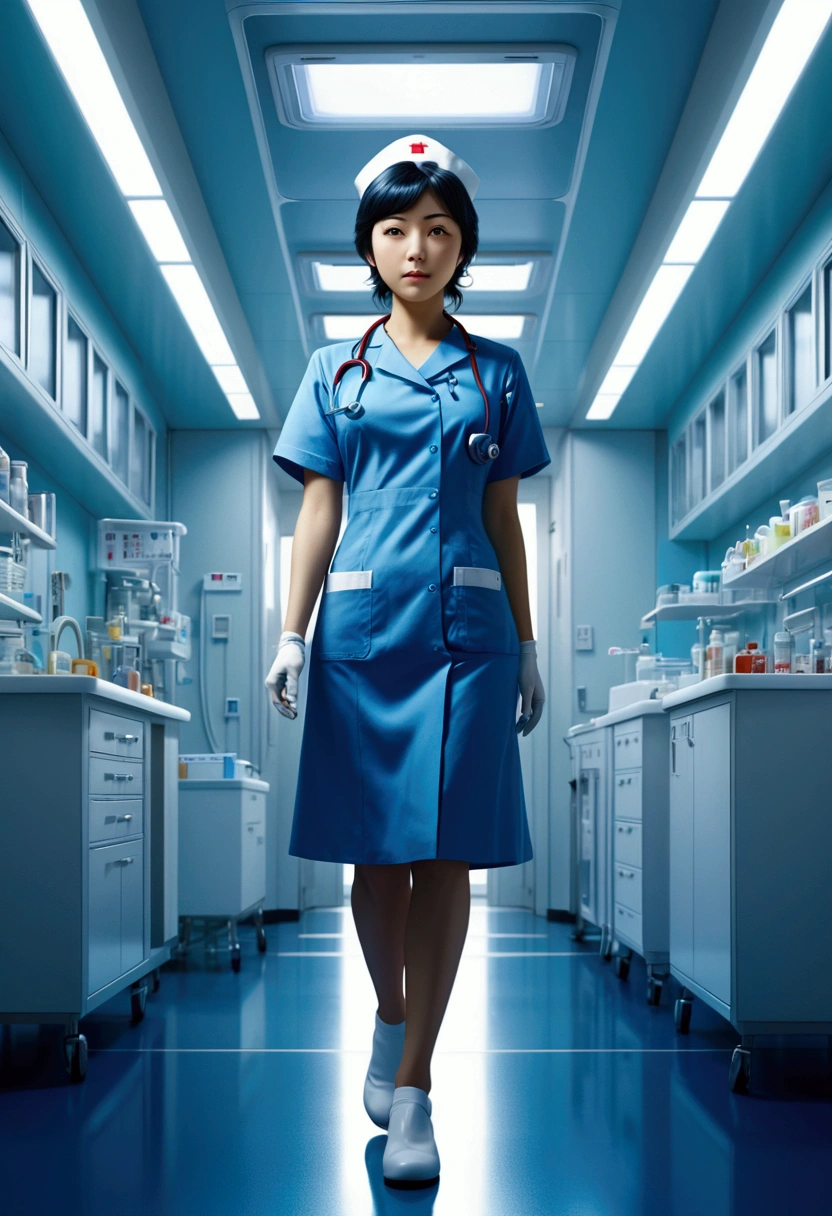Nurse, full body, by Chiho Aoshima, cinematic still, (best quality, masterpiece), very aesthetic, perfect composition, photorealistic, intricate details, ultra-detailed, vivid colors