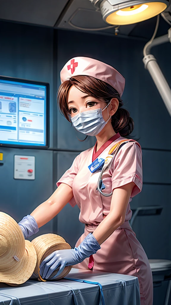 A nurse using an AED, medical emergency, hospital, life-saving equipment, serious expression, focused, first aid, heroic, detailed uniform, medical tools, bright lighting, realistic, photorealistic, ultra-detailed, 8k, best quality, masterpiece