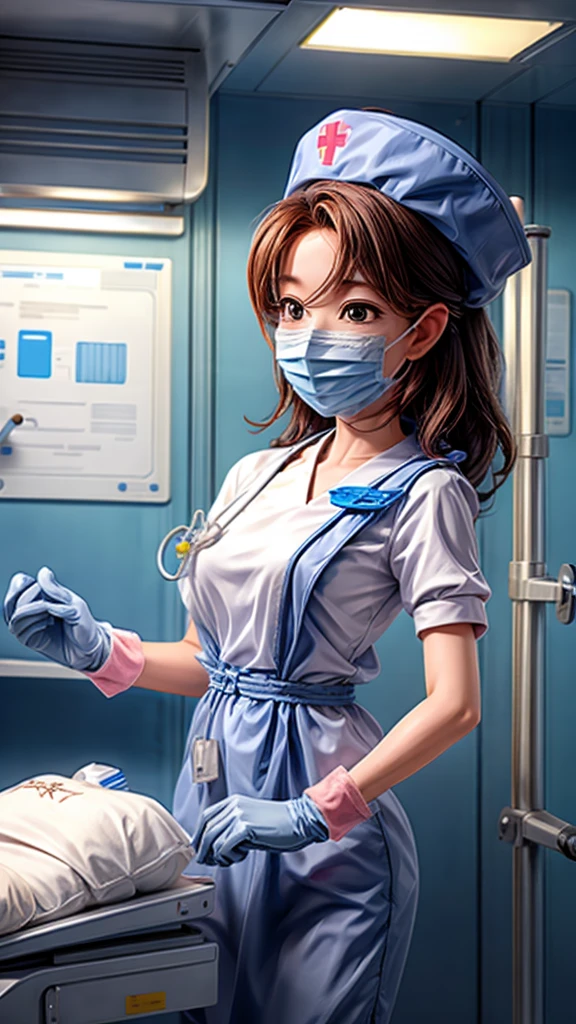 A nurse using an AED, medical emergency, hospital, life-saving equipment, serious expression, focused, first aid, heroic, detailed uniform, medical tools, bright lighting, realistic, photorealistic, ultra-detailed, 8k, best quality, masterpiece